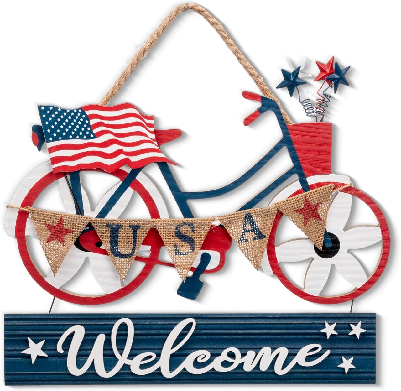 4th of July Front Door Decorations – 9-Inch Wooden Patriotic Wreath with Red, White & Blue Americana “Welcome USA” Sign, Perfect for Memorial Day, Independence Day, Labor Day, and Veterans Day Indoor Décor